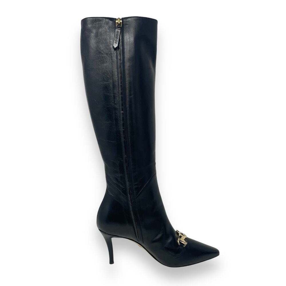 SOLD Gucci Zumi Leather Knee High Pointed Toe GG Horsebit Heel Boots Black EU 37